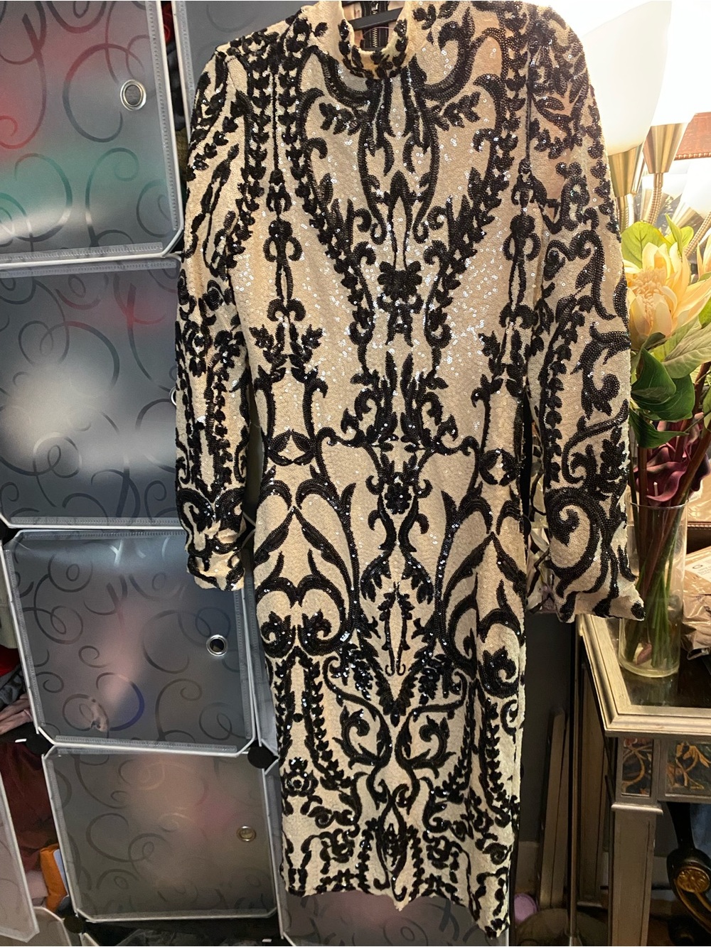 Sequined Cream and Black Midi Dress